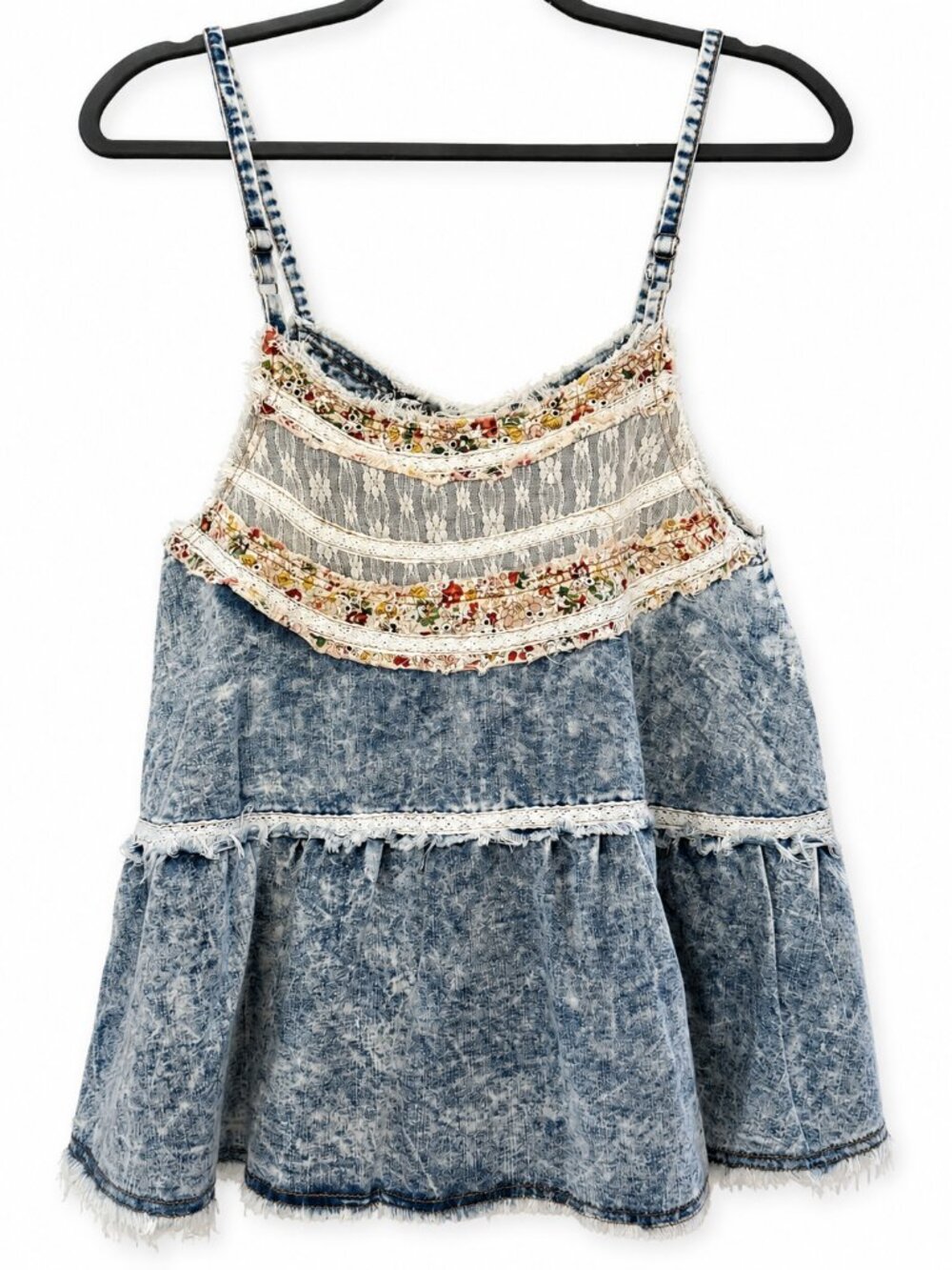 POL Washed Denim Lace Trim Tiered Flare Airy Bohemian Cami Babydoll Summer Top - Picture 6 of 9